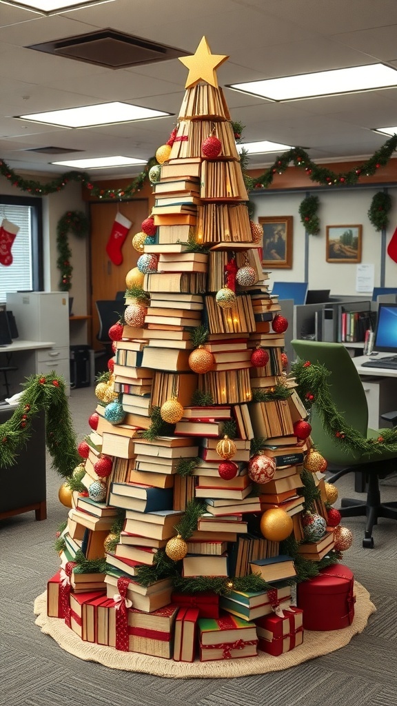 Creative Office Christmas Tree Ideas A unique Christmas tree made from stacked books in an office setting, decorated with ornaments and lights.